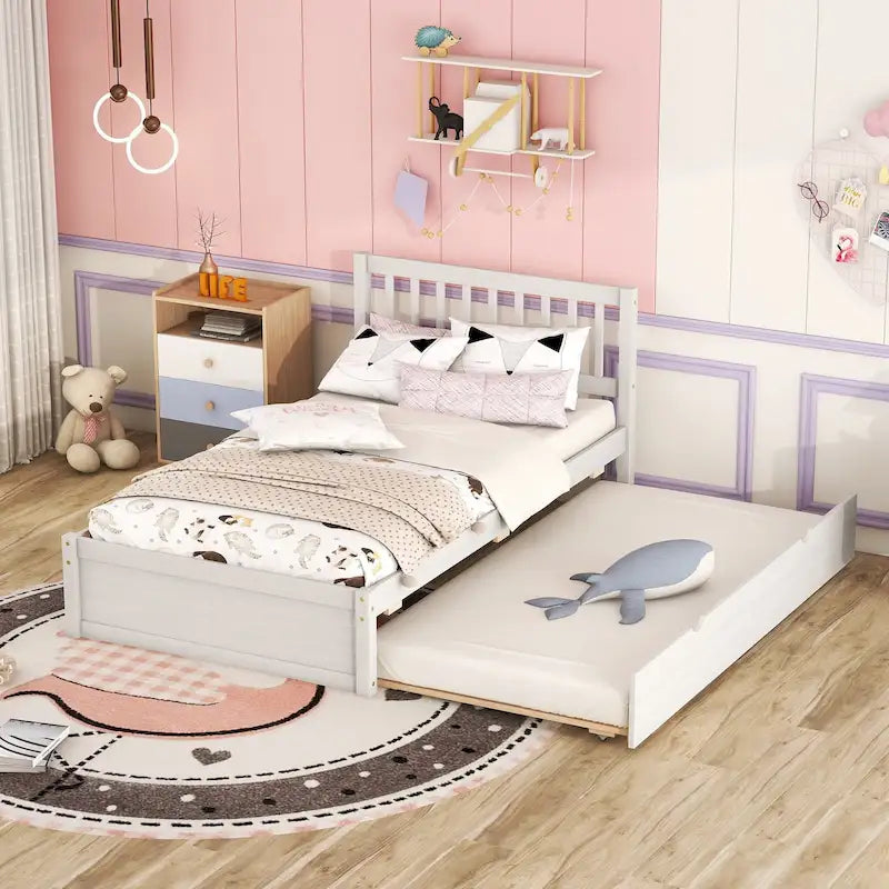 Cama Twin de madera de caucho con cama nido