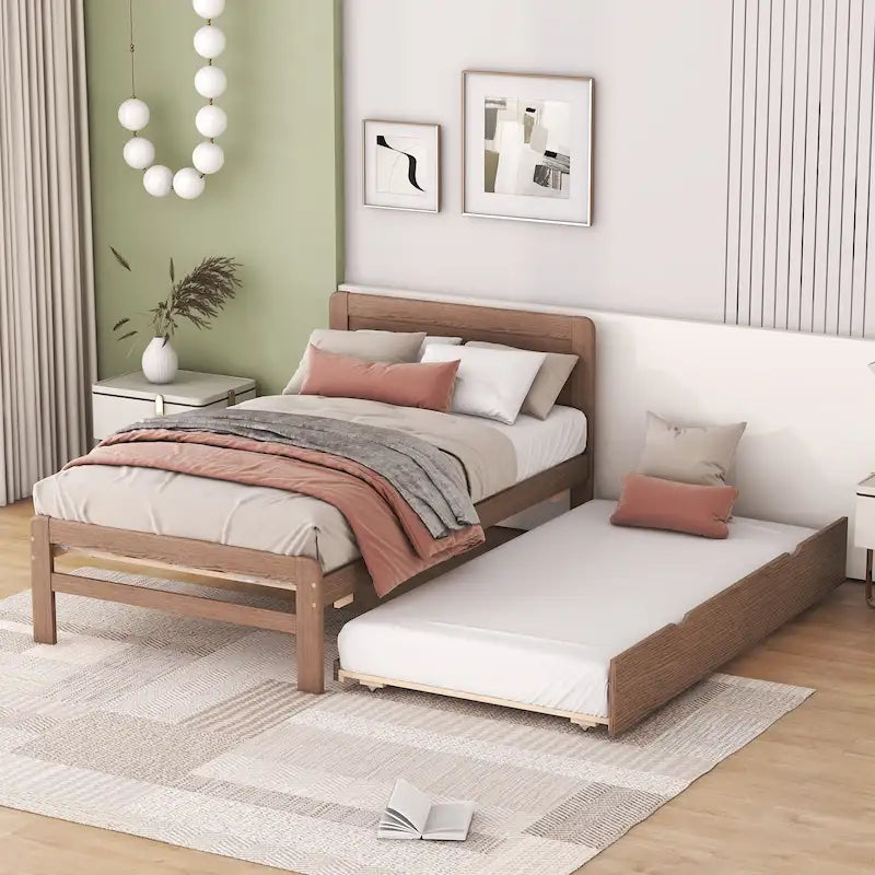 Estructura de cama de plataforma tamaño Twin con cama nido, construcción de madera de caucho y madera contrachapada, diseño moderno y ahorro de espacio
