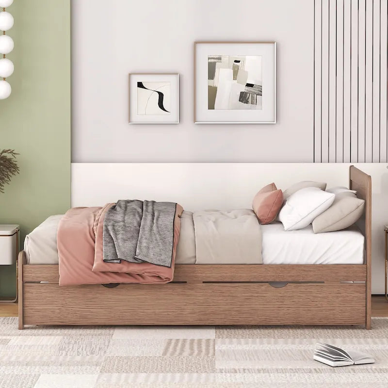 Estructura de cama de plataforma tamaño Twin con cama nido, construcción de madera de caucho y madera contrachapada, diseño moderno y ahorro de espacio