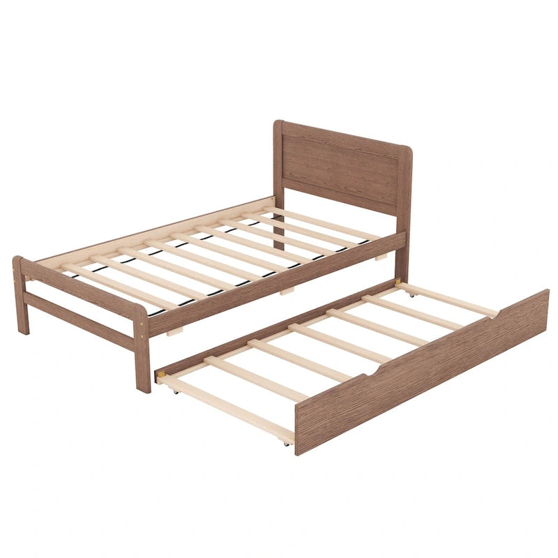 Estructura de cama de plataforma tamaño Twin con cama nido, construcción de madera de caucho y madera contrachapada, diseño moderno y ahorro de espacio