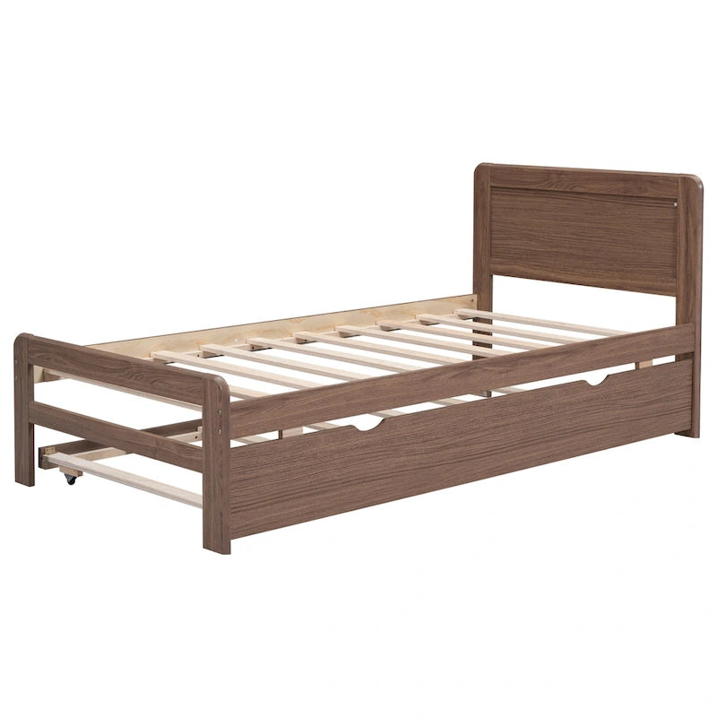 Estructura de cama de plataforma tamaño Twin con cama nido, construcción de madera de caucho y madera contrachapada, diseño moderno y ahorro de espacio