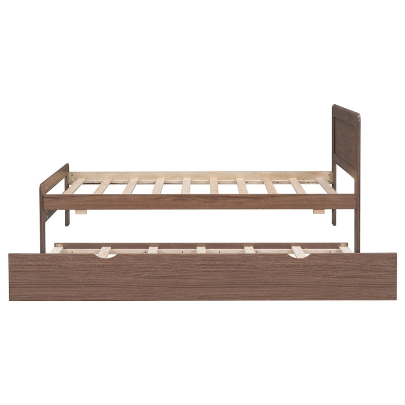 Estructura de cama de plataforma tamaño Twin con cama nido, construcción de madera de caucho y madera contrachapada, diseño moderno y ahorro de espacio