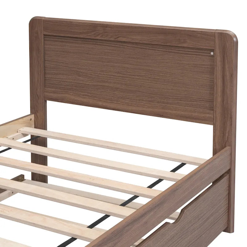 Estructura de cama de plataforma tamaño Twin con cama nido, construcción de madera de caucho y madera contrachapada, diseño moderno y ahorro de espacio