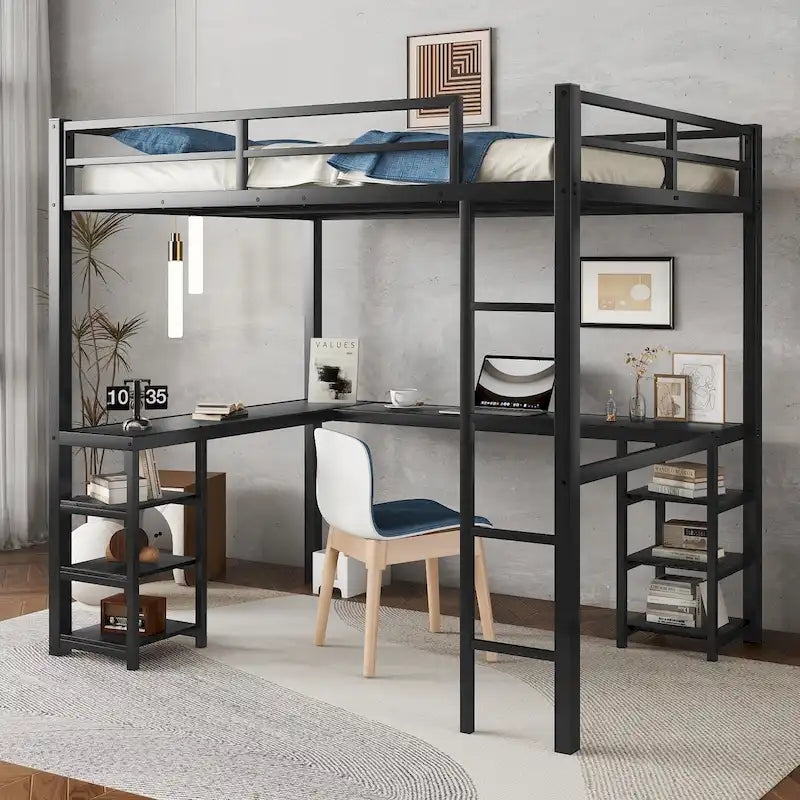 Cama alta negra de metal de tamaño matrimonial con escritorio y estantes, escalera y barandillas
