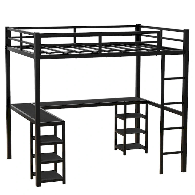 Cama alta negra de metal de tamaño matrimonial con escritorio y estantes, escalera y barandillas
