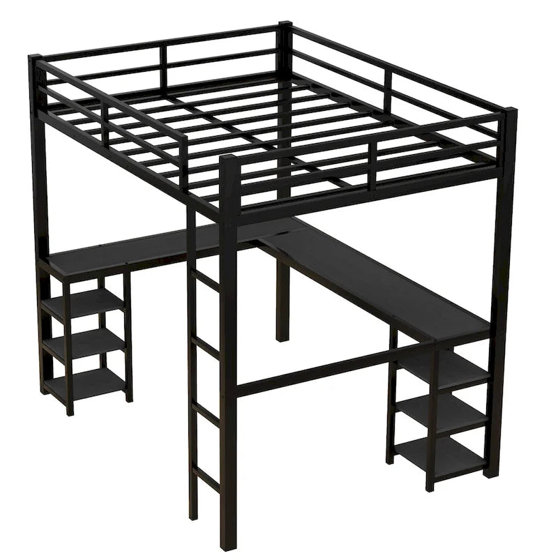 Cama alta negra de metal de tamaño matrimonial con escritorio y estantes, escalera y barandillas