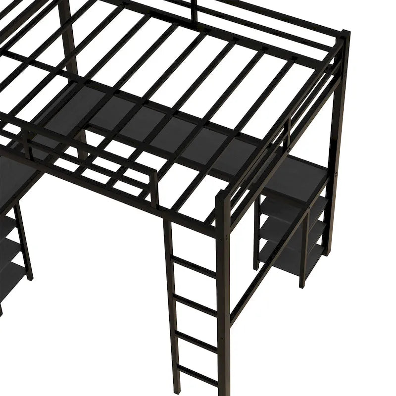Cama alta negra de metal de tamaño matrimonial con escritorio y estantes, escalera y barandillas
