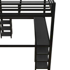 Cama alta negra de metal de tamaño matrimonial con escritorio y estantes, escalera y barandillas