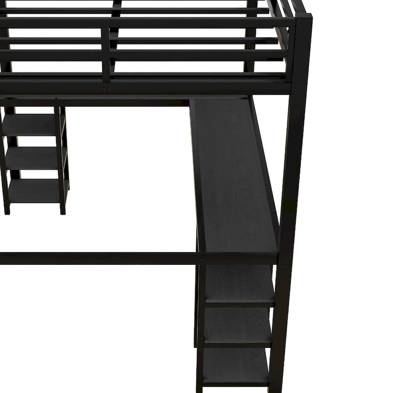 Cama alta negra de metal de tamaño matrimonial con escritorio y estantes, escalera y barandillas