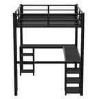 Cama alta negra de metal de tamaño matrimonial con escritorio y estantes, escalera y barandillas