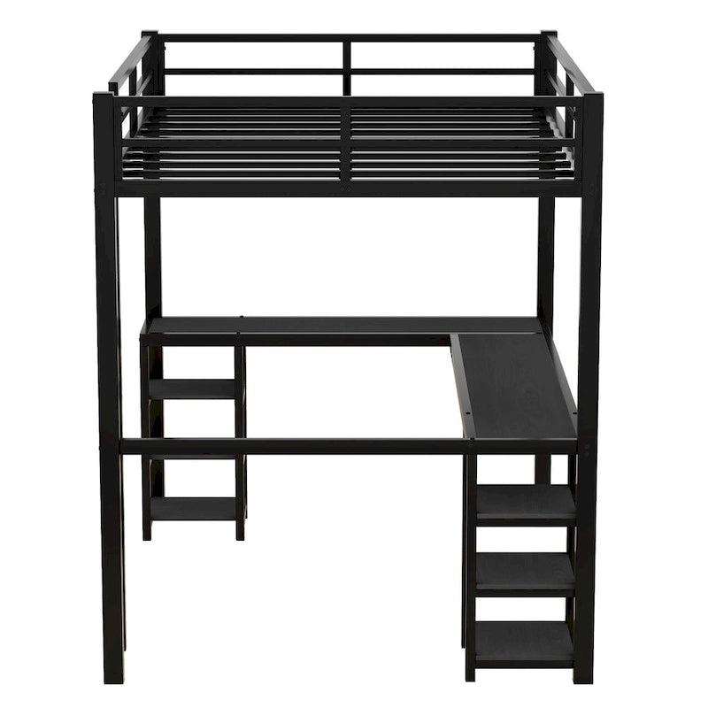 Cama alta negra de metal de tamaño matrimonial con escritorio y estantes, escalera y barandillas