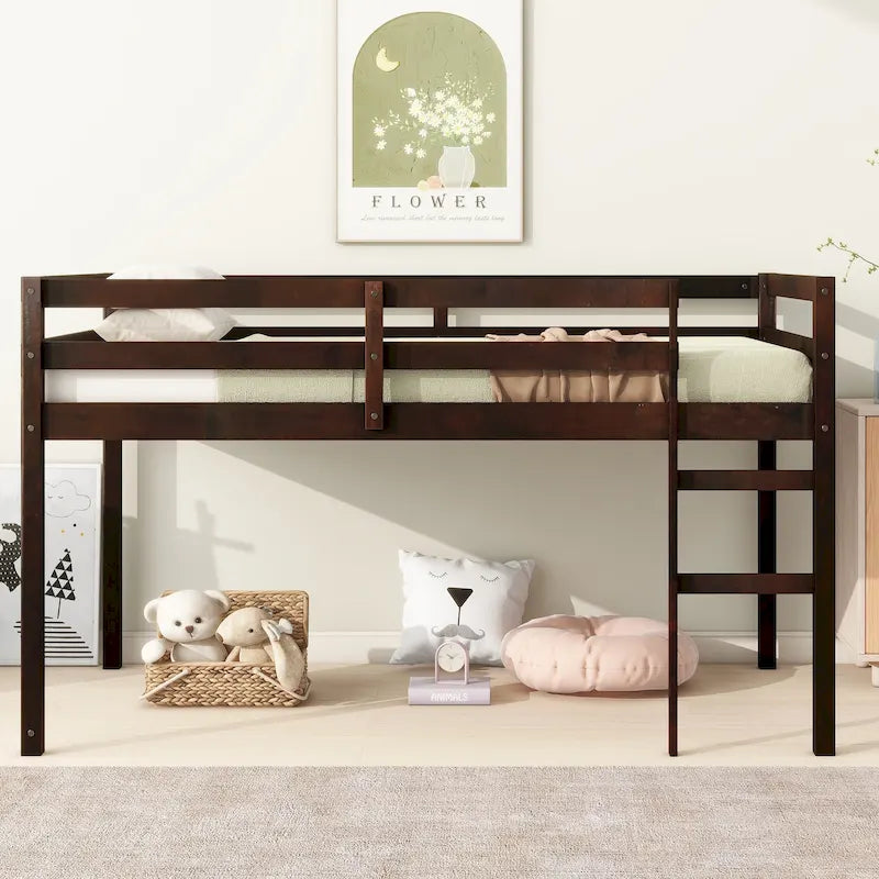 Cama alta de madera tamaño Twin color espresso con escalera y plataforma de listones reforzada