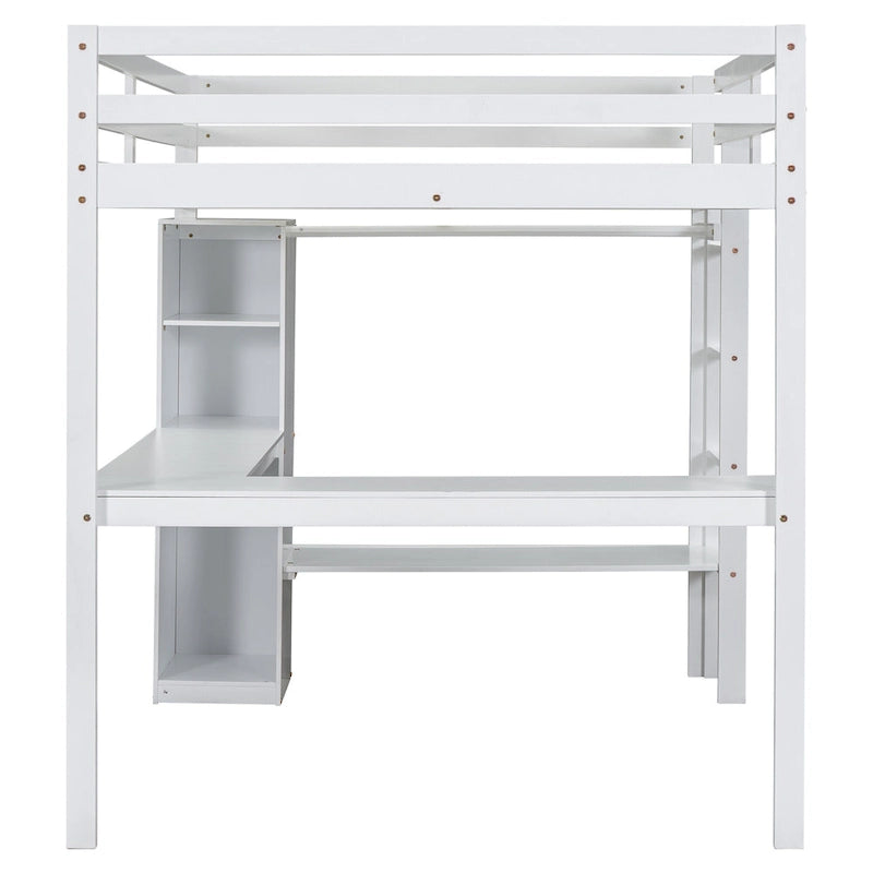 Massivholz-Hochbett mit L-förmigem Schreibtisch, Kleiderschrank & Regalen