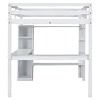 Massivholz-Hochbett mit L-förmigem Schreibtisch, Kleiderschrank & Regalen