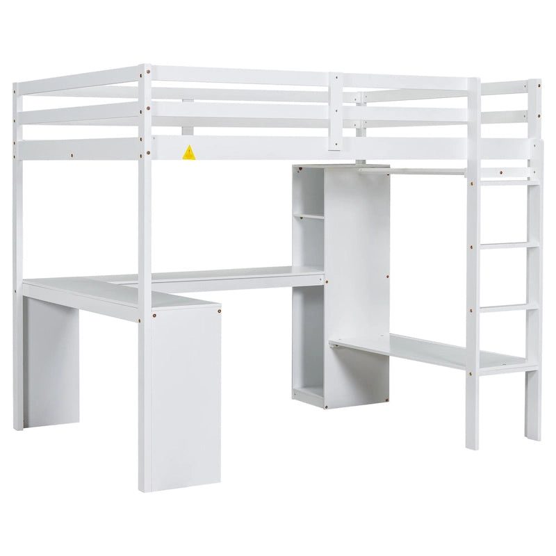 Cama alta de madera maciza con escritorio en forma de L, armario y estantes