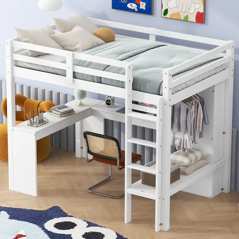 Massivholz-Hochbett mit L-förmigem Schreibtisch, Kleiderschrank & Regalen