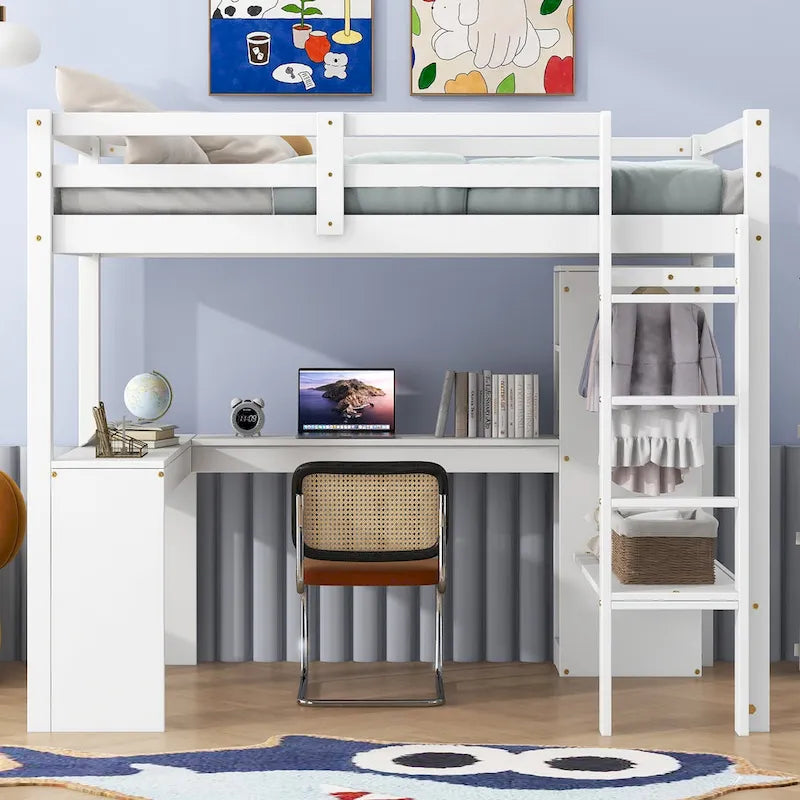 Massivholz-Hochbett mit L-förmigem Schreibtisch, Kleiderschrank & Regalen