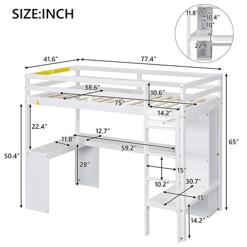 Massivholz-Hochbett mit L-förmigem Schreibtisch, Kleiderschrank & Regalen