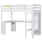 Massivholz-Hochbett mit L-förmigem Schreibtisch, Kleiderschrank & Regalen