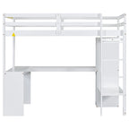 Massivholz-Hochbett mit L-förmigem Schreibtisch, Kleiderschrank & Regalen