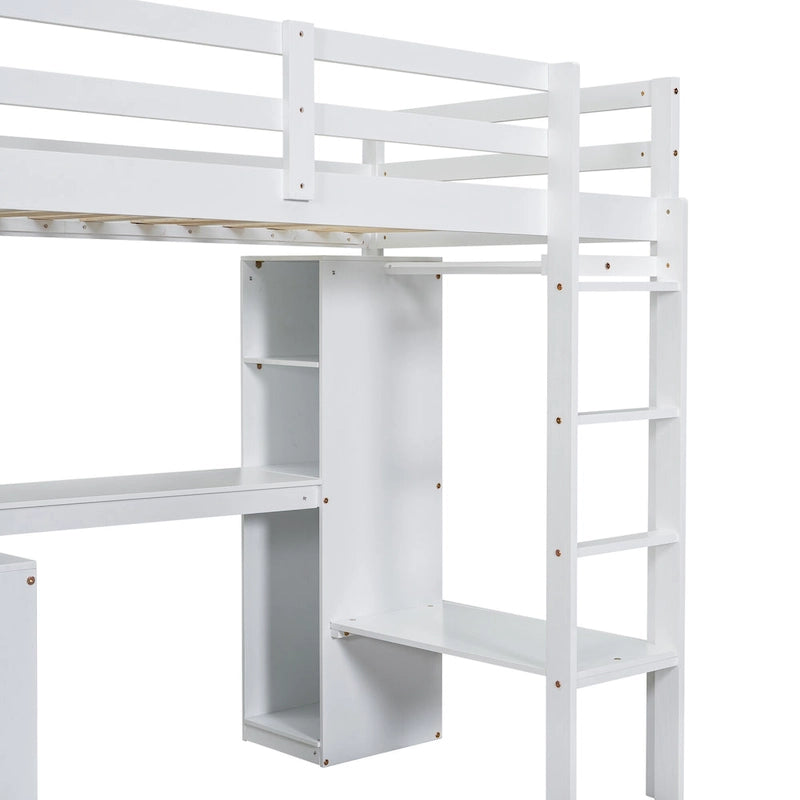 Massivholz-Hochbett mit L-förmigem Schreibtisch, Kleiderschrank & Regalen