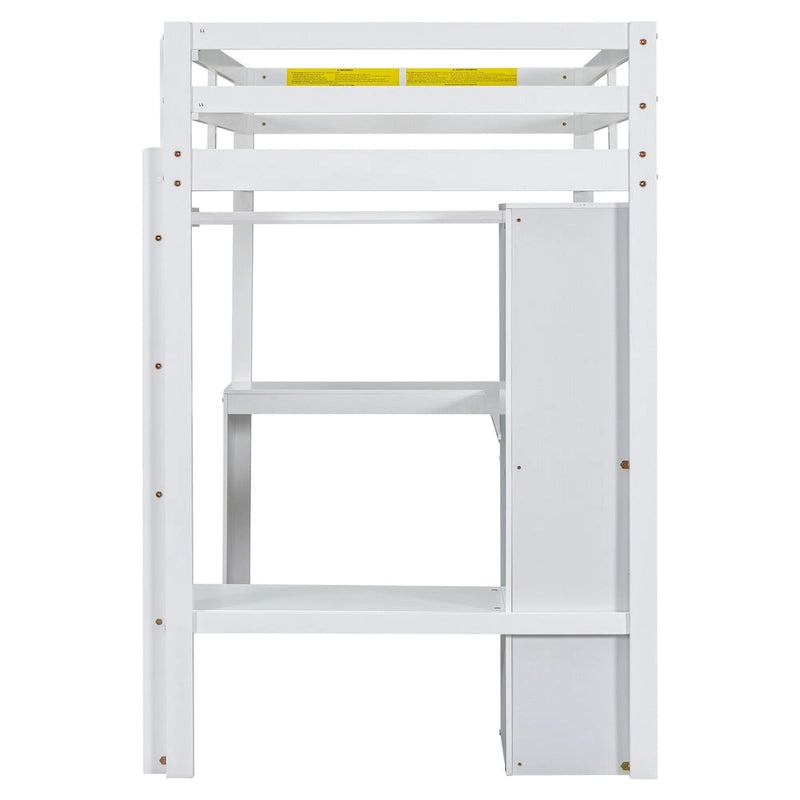 Massivholz-Hochbett mit L-förmigem Schreibtisch, Kleiderschrank & Regalen