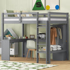 Massivholz-Hochbett mit L-förmigem Schreibtisch, Kleiderschrank & Regalen