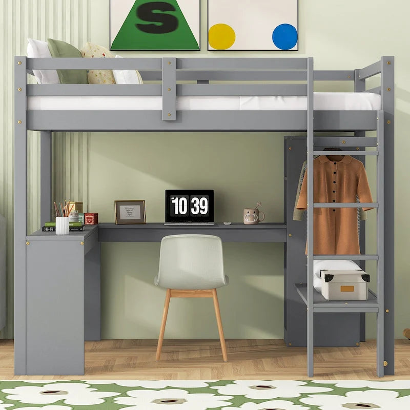 Massivholz-Hochbett mit L-förmigem Schreibtisch, Kleiderschrank & Regalen