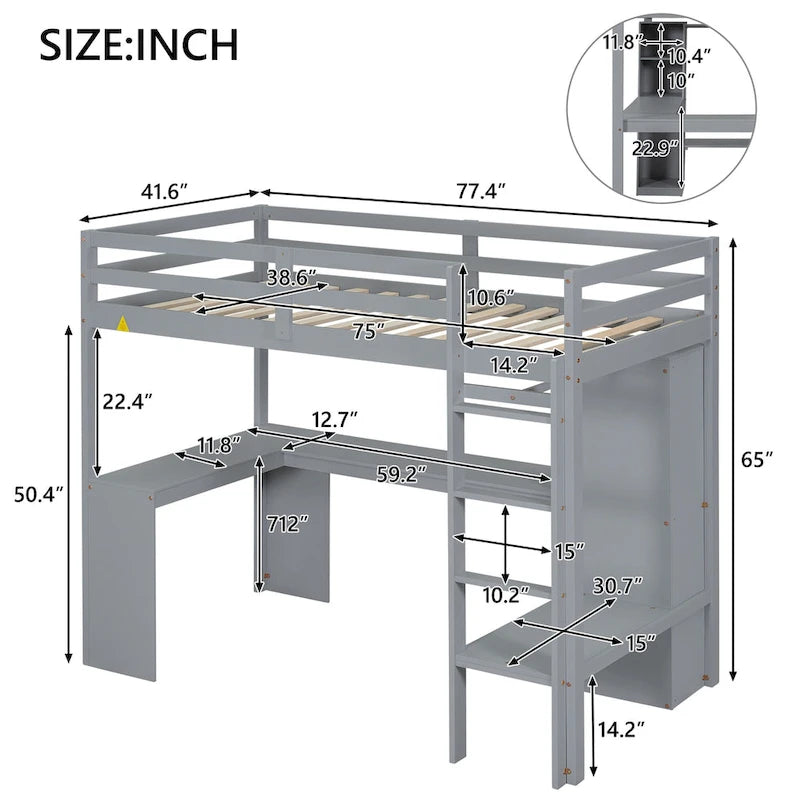 Massivholz-Hochbett mit L-förmigem Schreibtisch, Kleiderschrank & Regalen