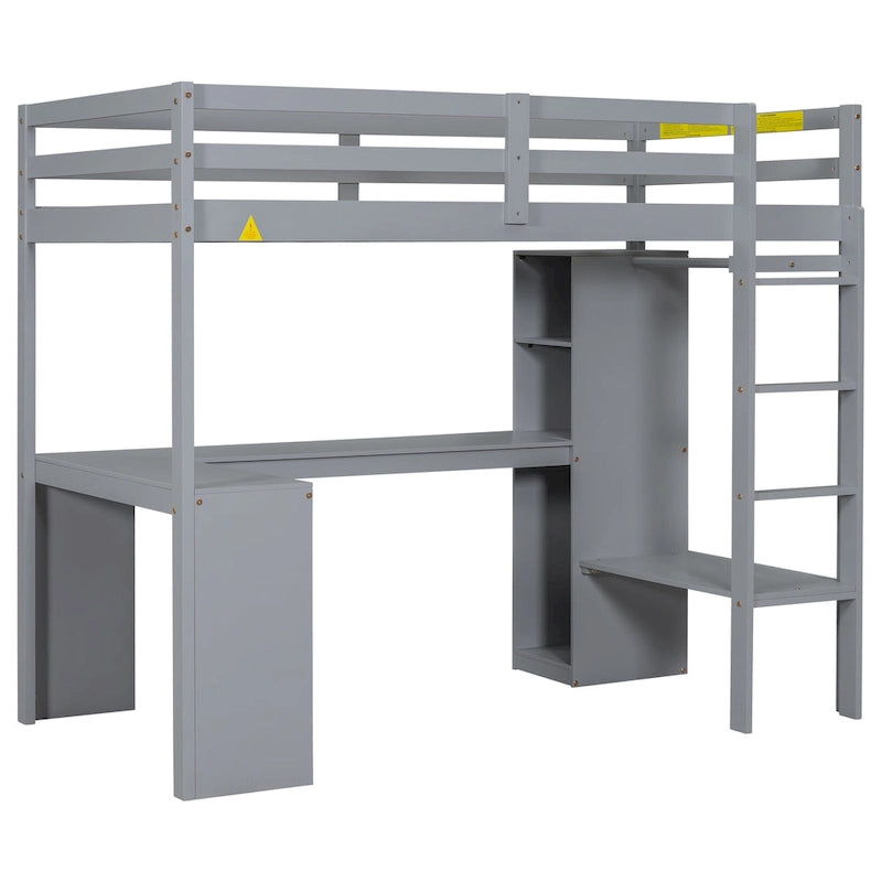 Massivholz-Hochbett mit L-förmigem Schreibtisch, Kleiderschrank & Regalen
