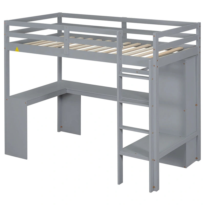 Massivholz-Hochbett mit L-förmigem Schreibtisch, Kleiderschrank & Regalen
