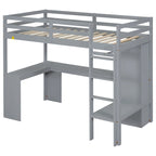 Massivholz-Hochbett mit L-förmigem Schreibtisch, Kleiderschrank & Regalen