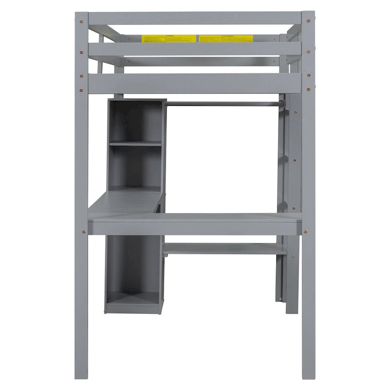Massivholz-Hochbett mit L-förmigem Schreibtisch, Kleiderschrank & Regalen