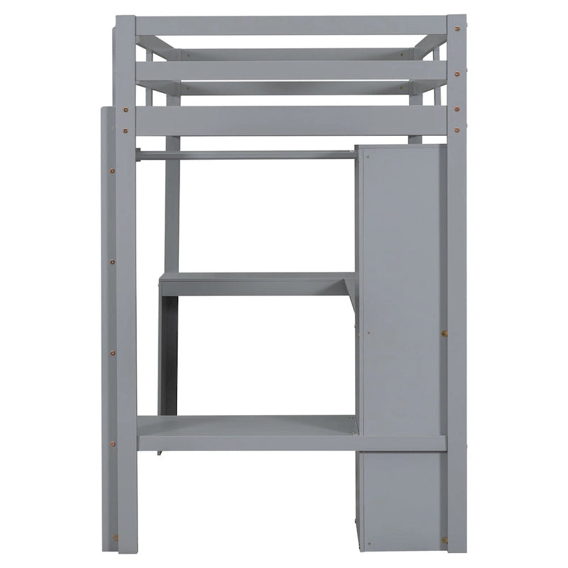 Massivholz-Hochbett mit L-förmigem Schreibtisch, Kleiderschrank & Regalen