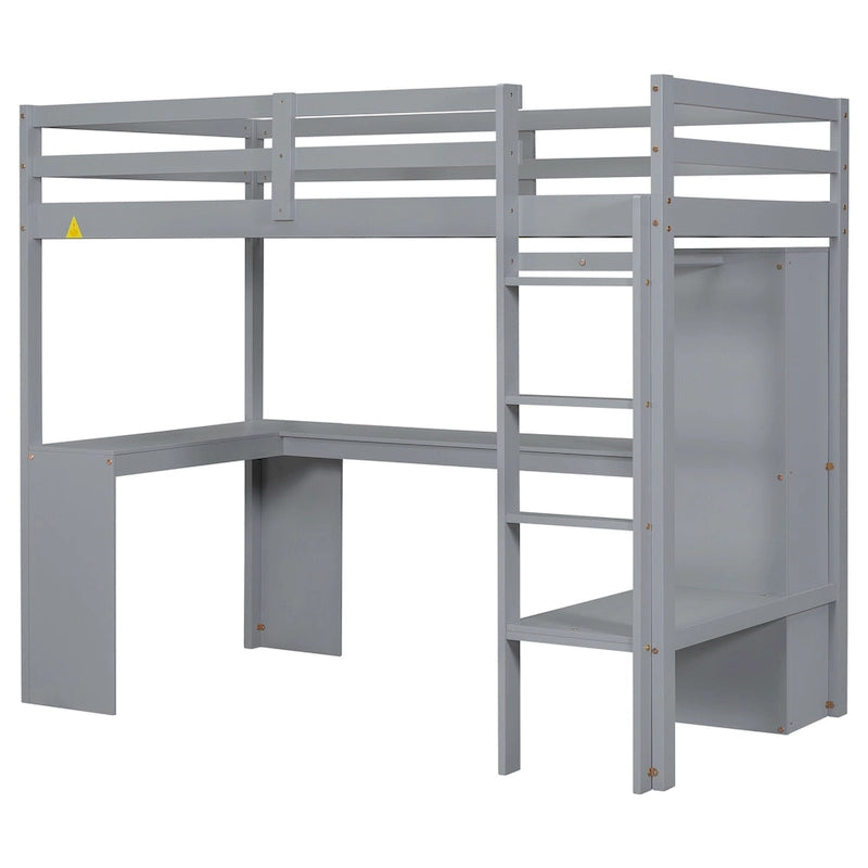 Massivholz-Hochbett mit L-förmigem Schreibtisch, Kleiderschrank & Regalen