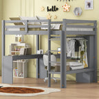 Massivholz-Hochbett mit L-förmigem Schreibtisch, Kleiderschrank & Regalen