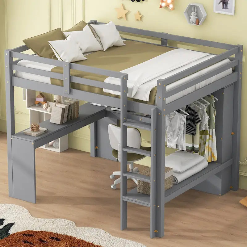 Massivholz-Hochbett mit L-förmigem Schreibtisch, Kleiderschrank & Regalen