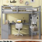 Massivholz-Hochbett mit L-förmigem Schreibtisch, Kleiderschrank & Regalen