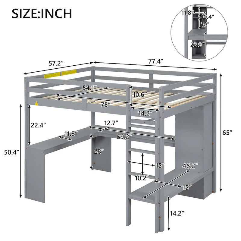 Massivholz-Hochbett mit L-förmigem Schreibtisch, Kleiderschrank & Regalen