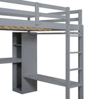 Graues Massivholz-Hochbett in Full-Größe mit L-förmigem Schreibtisch, Kleiderschrank & Regalen