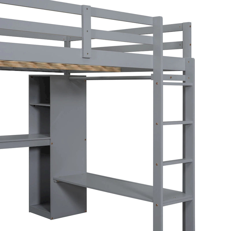 Cama alta de madera maciza tamaño Full gris con escritorio en forma de L, armario y estantes