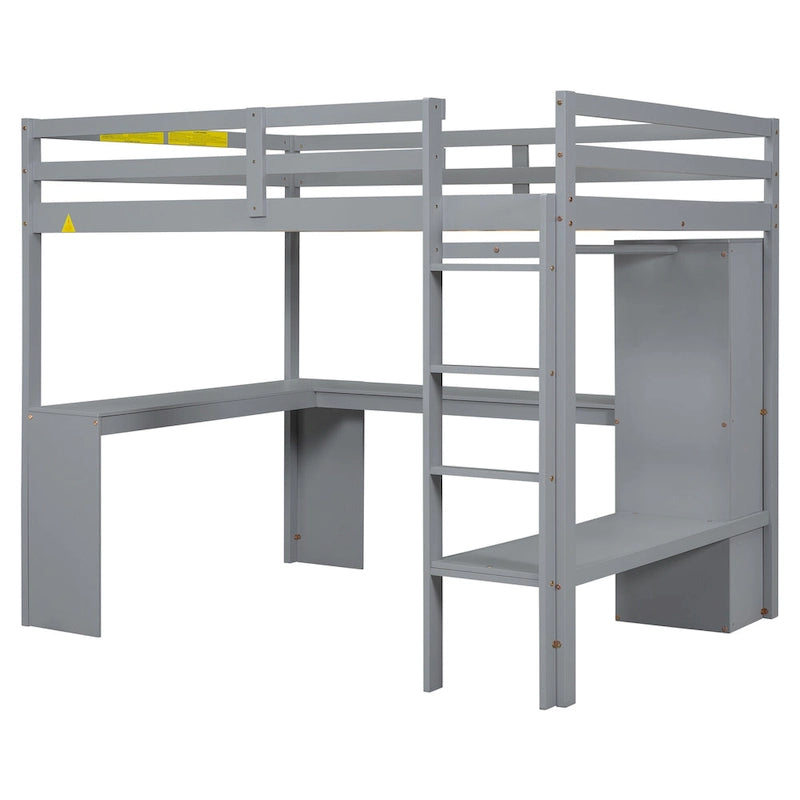 Graues Massivholz-Hochbett in Full-Größe mit L-förmigem Schreibtisch, Kleiderschrank & Regalen