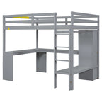Graues Massivholz-Hochbett in Full-Größe mit L-förmigem Schreibtisch, Kleiderschrank & Regalen