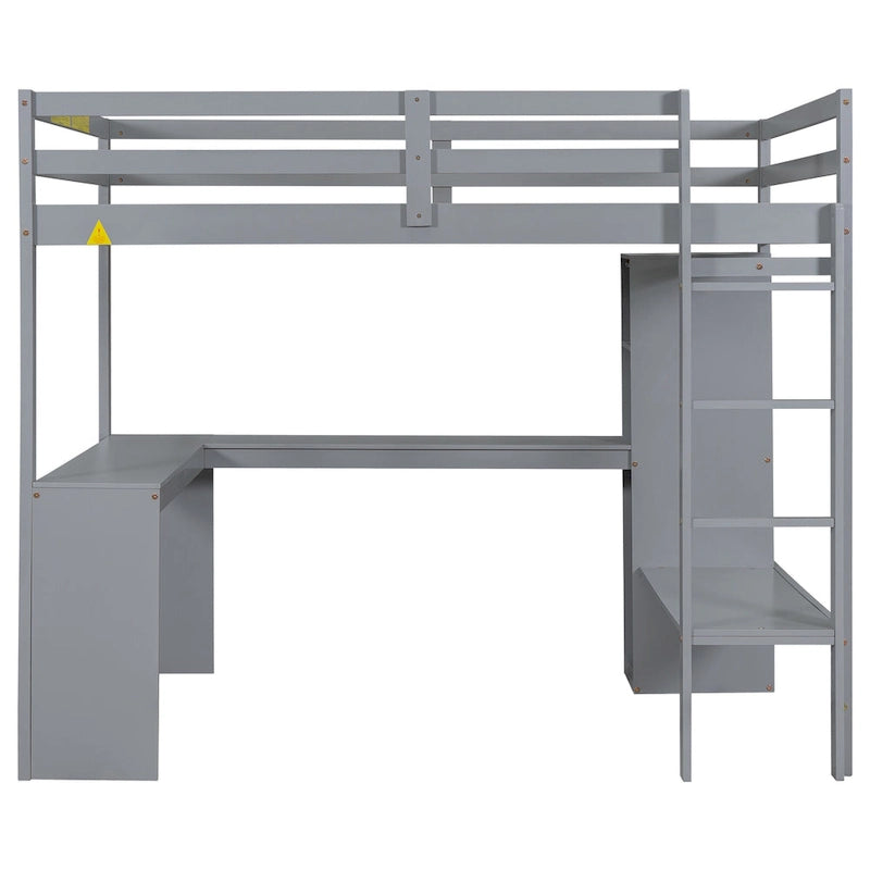 Graues Massivholz-Hochbett in Full-Größe mit L-förmigem Schreibtisch, Kleiderschrank & Regalen
