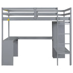 Graues Massivholz-Hochbett in Full-Größe mit L-förmigem Schreibtisch, Kleiderschrank & Regalen