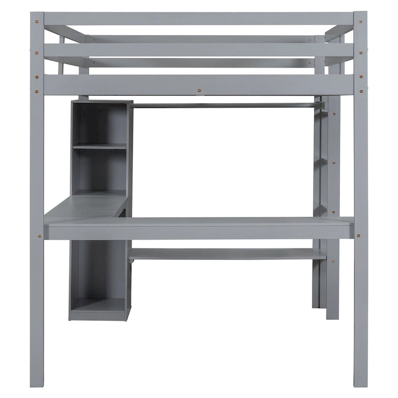 Graues Massivholz-Hochbett in Full-Größe mit L-förmigem Schreibtisch, Kleiderschrank & Regalen