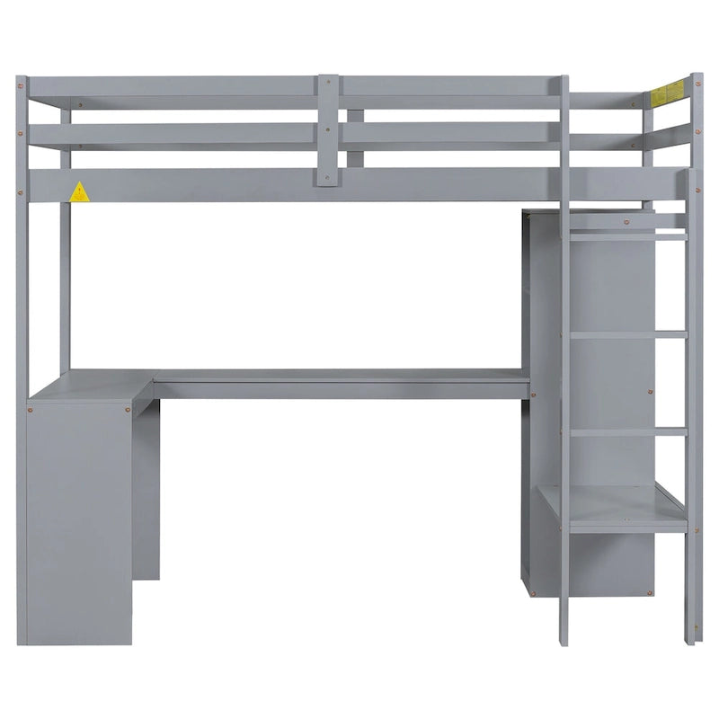 Hochbett aus Massivholz in Twin-Größe mit L-förmigem Schreibtisch, Kleiderschrank und Regalen
