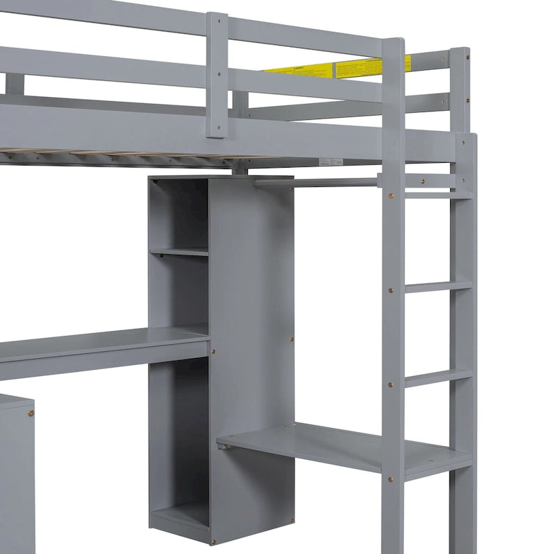 Hochbett aus Massivholz in Twin-Größe mit L-förmigem Schreibtisch, Kleiderschrank und Regalen
