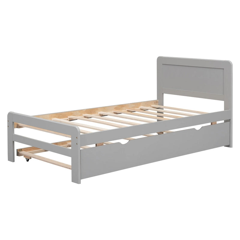 Struttura letto singolo grigia in legno con rete a doghe e letto estraibile