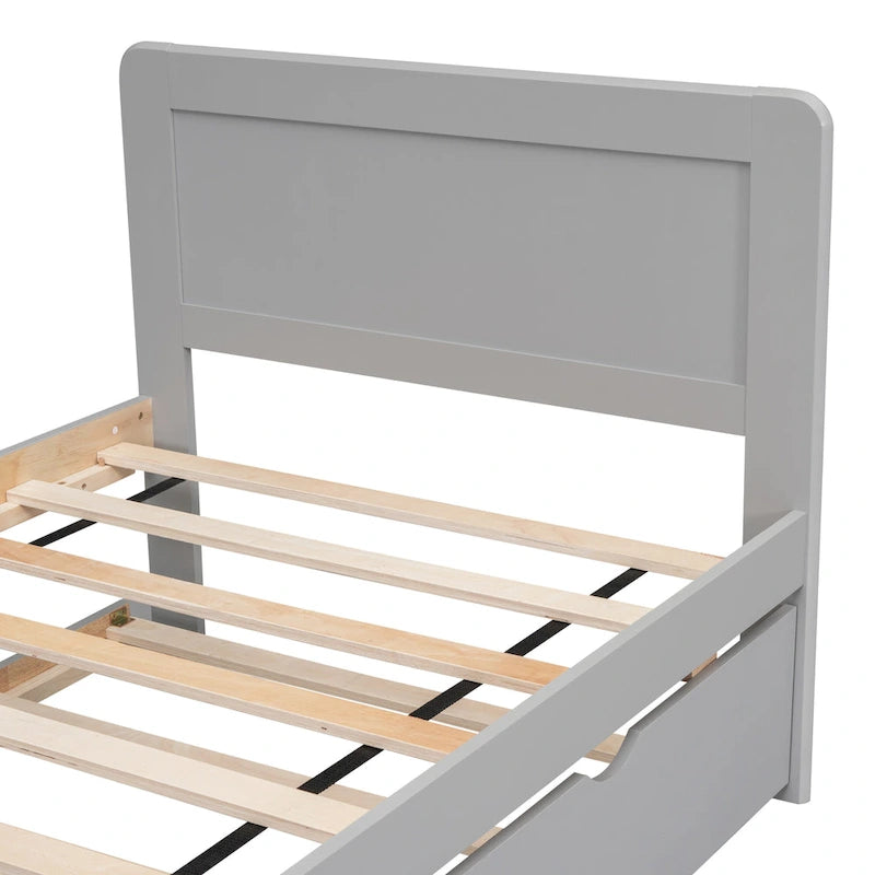 Struttura letto singolo grigia in legno con rete a doghe e letto estraibile